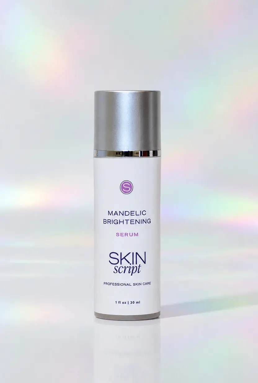 Skin Script Mandelic Brightening Serum bottle on a pastel iridescent studio background