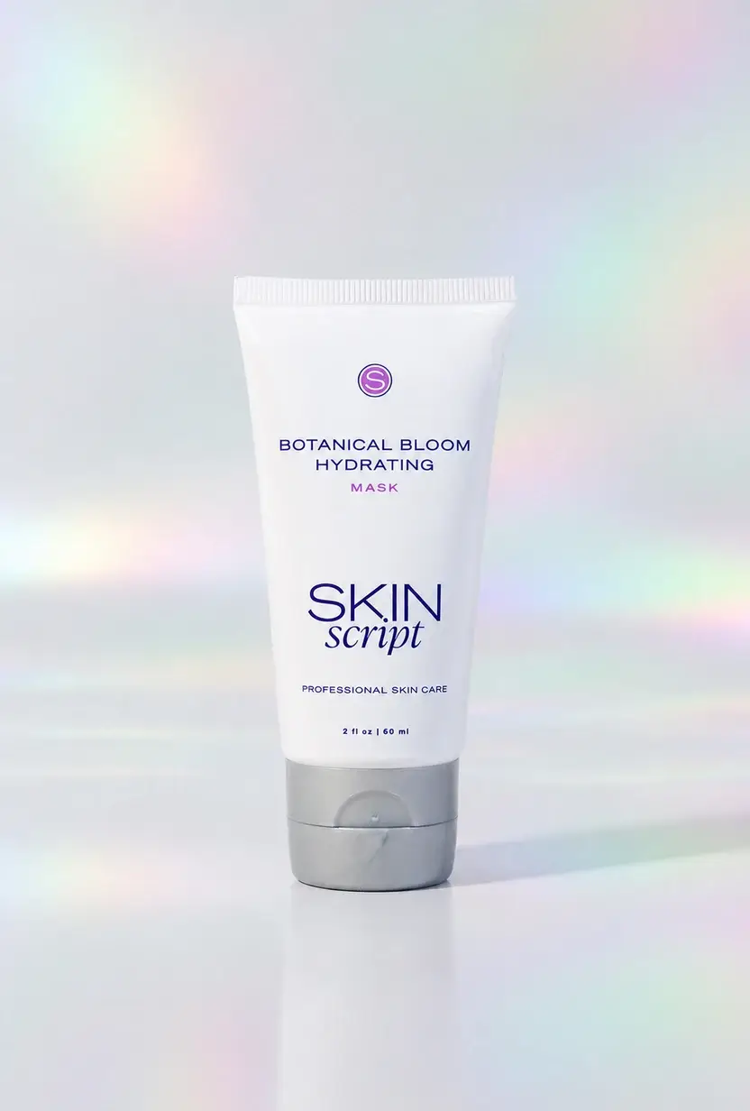 Skin Script Botanical Bloom Hydrating Mask tube on a pastel iridescent studio background