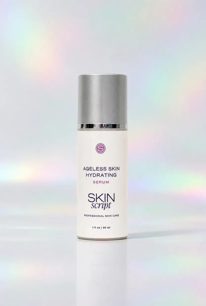 Skin Script Ageless Skin Hydrating Serum bottle on a pastel iridescent studio background